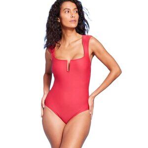 Kona Sol Small 4-6 Red Tummy Control Cap Sleeve U-Wire Red 1 Piece Swimsuit